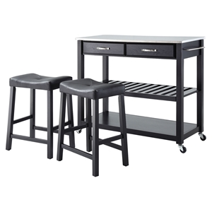 Stainless Steel Top Kitchen Island Cart and Saddle Stools - Black 