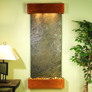 Inspiration Falls Wall Fountain in Green Slate with Square Trim Copper Frame 