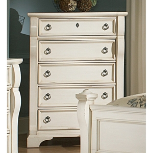 Heirloom 5 Drawer Wood Chest - Antique White, Pewter Rings 