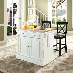 Butcher Block Top Kitchen Island with Black X-Back Stools - White 