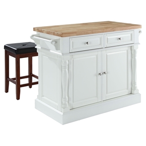 Butcher Block Top Kitchen Island with Square Seat Stools - White 