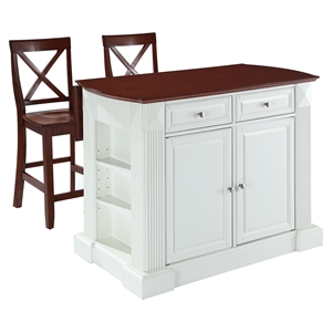 Drop Leaf Kitchen Island in White with 24" Cherry X-Back Stools 