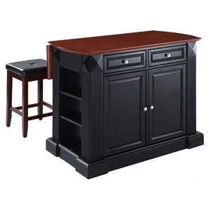 Drop Leaf Kitchen Island in Black with 24" Black Square Seat Stools 