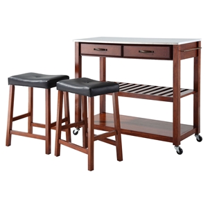 Stainless Steel Top Kitchen Island Cart and Saddle Stools - Classic Cherry 