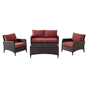 Kiawah 4-Piece Outdoor Wicker Seating Set with Sangria Cushions 