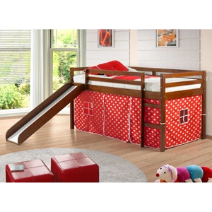 Marsden Espresso Wooden Loft Bed - Slide, Red & White Polka Dot Tent 