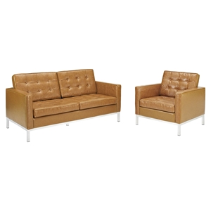 Loft 2 Pieces Armchair and Loveseat - Tufted, Leather, Tan 