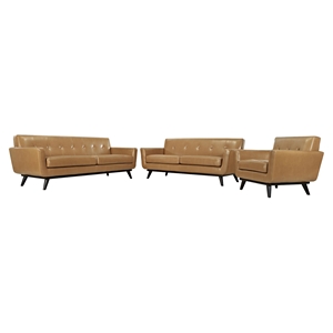 Engage 3 Pieces Leather Sofa Set - Flared Legs, Tan 