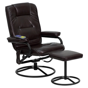 Massaging Leather Recliner and Ottoman - Brown 
