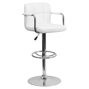 Quilted Faux Leather Barstool - Adjustable Height, with Arms, White 