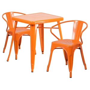3 Pieces Square Metal Table Set - Arm Chairs, Orange 
