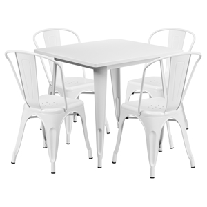 5 Pieces Square Metal Table Set - Stack Chairs, White 