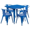 5 Pieces Square Metal Table Set - Arm Chairs, Blue - FLSH-ET-CT002-4-70-BL-GG