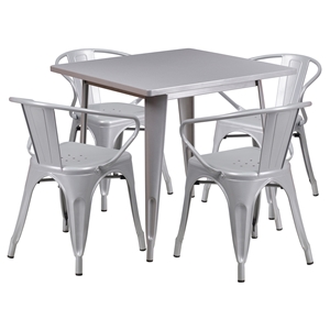 5 Pieces Square Metal Table Set - Arm Chairs, Silver 