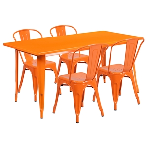 5 Pieces Rectangular Metal Table Set - Stack Chairs, Orange 