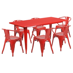 7 Pieces Rectangular Metal Table Set - Arm Chairs, Red 