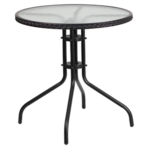 28" Round Metal Table - Glass Top, Black Rattan Edging, Black 