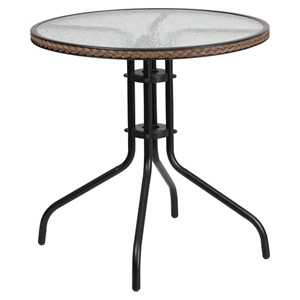 28" Round Metal Table - Glass Top, Dark Brown Rattan Edging, Black 