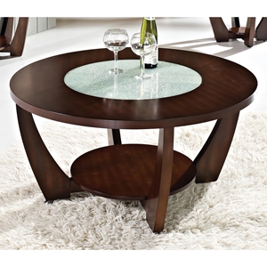 Rafael Round Coffee Table - Crackled Glass, Dark Cherry Wood 