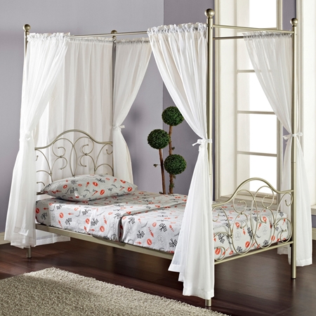 Twin Metal Canopy Bed - White Curtains, Glossy Pewter Finish | DCG ...