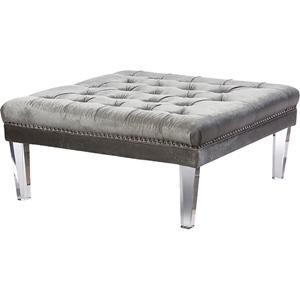 Edna Square Microsuede Upholstered Ottoman Bench - Button Tufted, Gray 