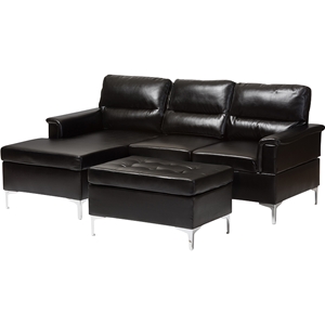 Kinsley 3-Piece Small Sectional Sofa with Ottoman - Faux Leather, Black 