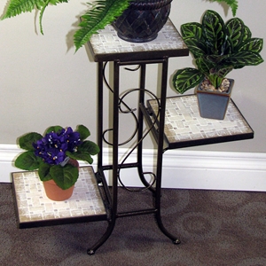 3-Tier Plant Stand - Travertine Top, Metal Base 