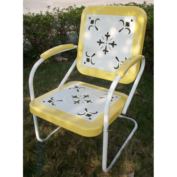 Retro Metal Outdoor Chair - White & Yellow, Sled Base | DCG Stores