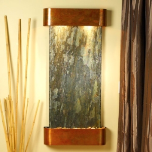 Cascade Springs Round Trim Copper Frame Wall Fountain in Green Slate 