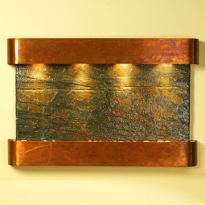 Sunrise Springs Wall Fountain in Green Slate with Round Trim Copper Frame 