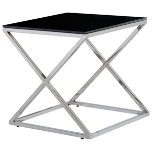 Excel Stainless Steel End Table - X Base, Black Glass Top, Square  