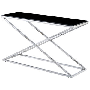 Excel Stainless Steel Console Table - X Base, Black Glass Top 