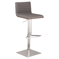 Cafe Adjustable Barstool - Gray, Walnut Back, Brushed Stainless Steel