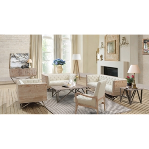 Regis Sofa Set - Tufted, Cream Fabric, Pine Frame, Gunmetal Legs 