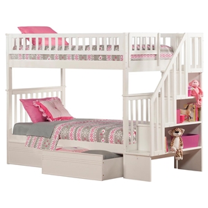 Woodland Twin over Twin Bunk Bed - Staircase, 2 Flat Panel Bed Drawers 