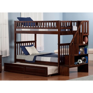 Woodland Twin over Twin Bunk Bed - Staircase, Raised Panel Trundle Bed 