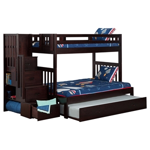 Cascade Twin over Full Bunk Bed - Trundle Bed, Espresso, Staircase 
