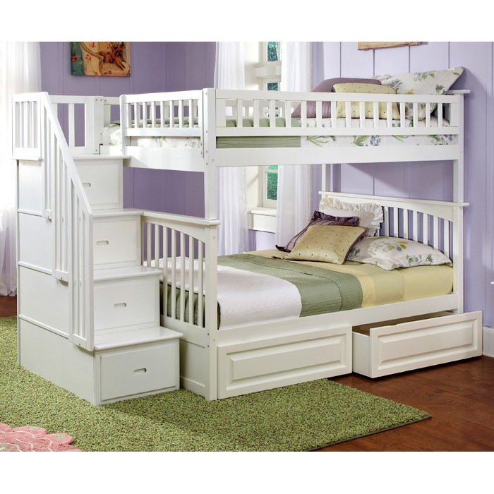 Columbia White Stairway Full Bunk Bed w/ Storage Drawers DCG Stores