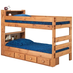 Twin Bunk Bed - Bookcase Headboards, Drawers, Mahogany Finish 