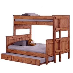Twin Over Full Stackable Bunk Bed - Trundle, Ladder, Mahogany 
