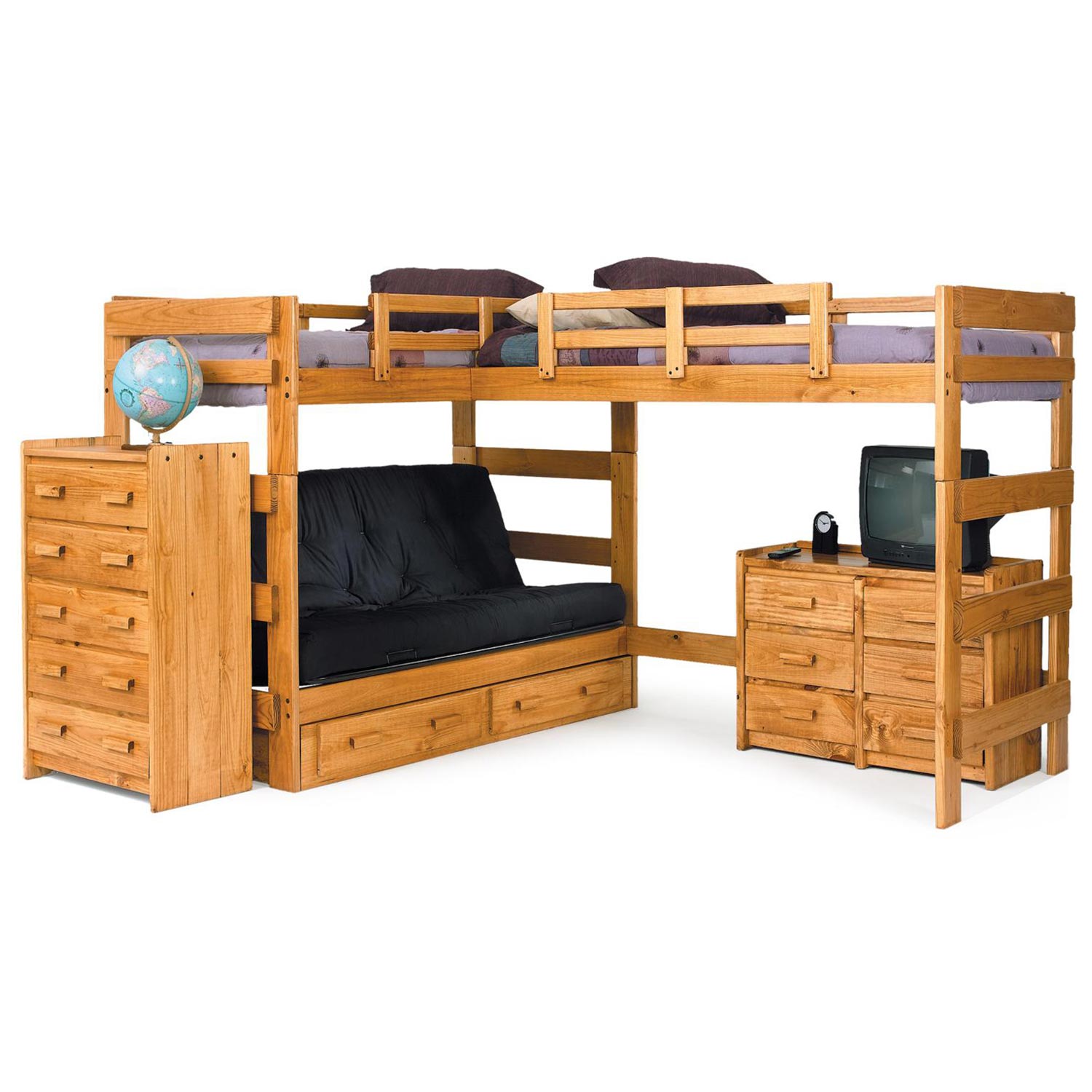 L-Shaped Loft Bed Over Futon - Under Bed Storage, Honey Finish | DCG Stores