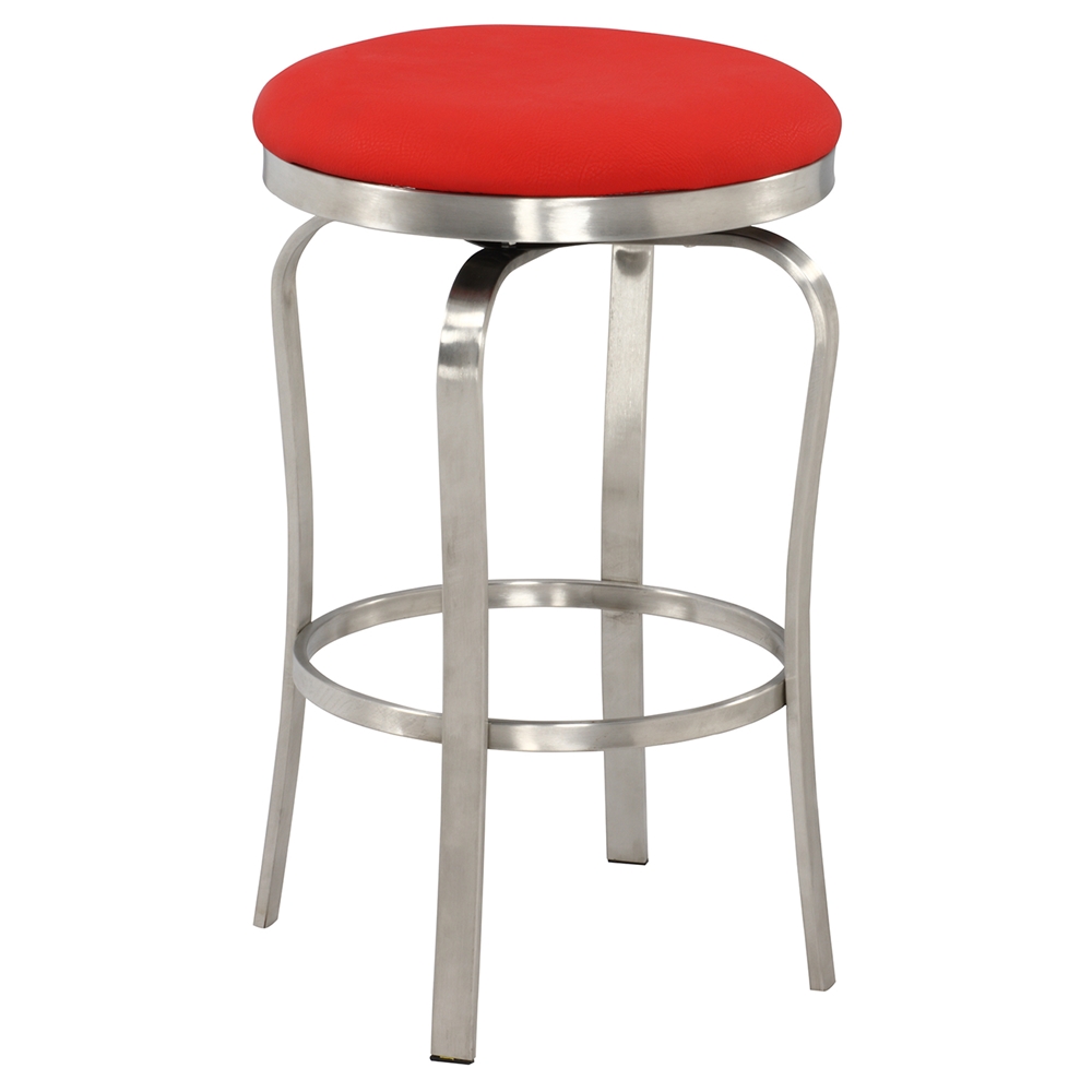 Backless Bar Stool - Red, Brushed Stainless Steel Base | DCG Stores Backless Stainless Steel Bar Stools