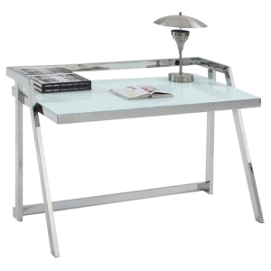 Office Desk - White Starphire Glass, Shiny Stainless Steel 