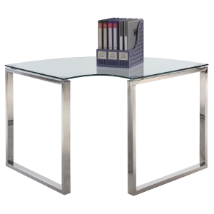Corner Computer Desk - Glass Top, Stainless Steel Base 
