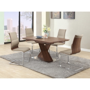 Bethany 5 Pieces Dining Set - Extension, Pedestal Base, Taupe Seat, Walnut 