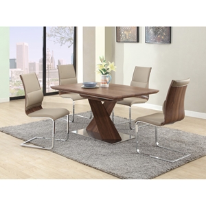 Bethany 5 Pieces Dining Set - Extension, Pedestal Base, Taupe Seat, Walnut 