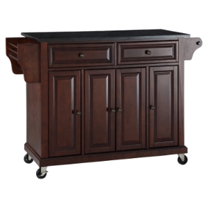 Solid Black Granite Top Kitchen Cart/Island - Casters, Vintage Mahogany 