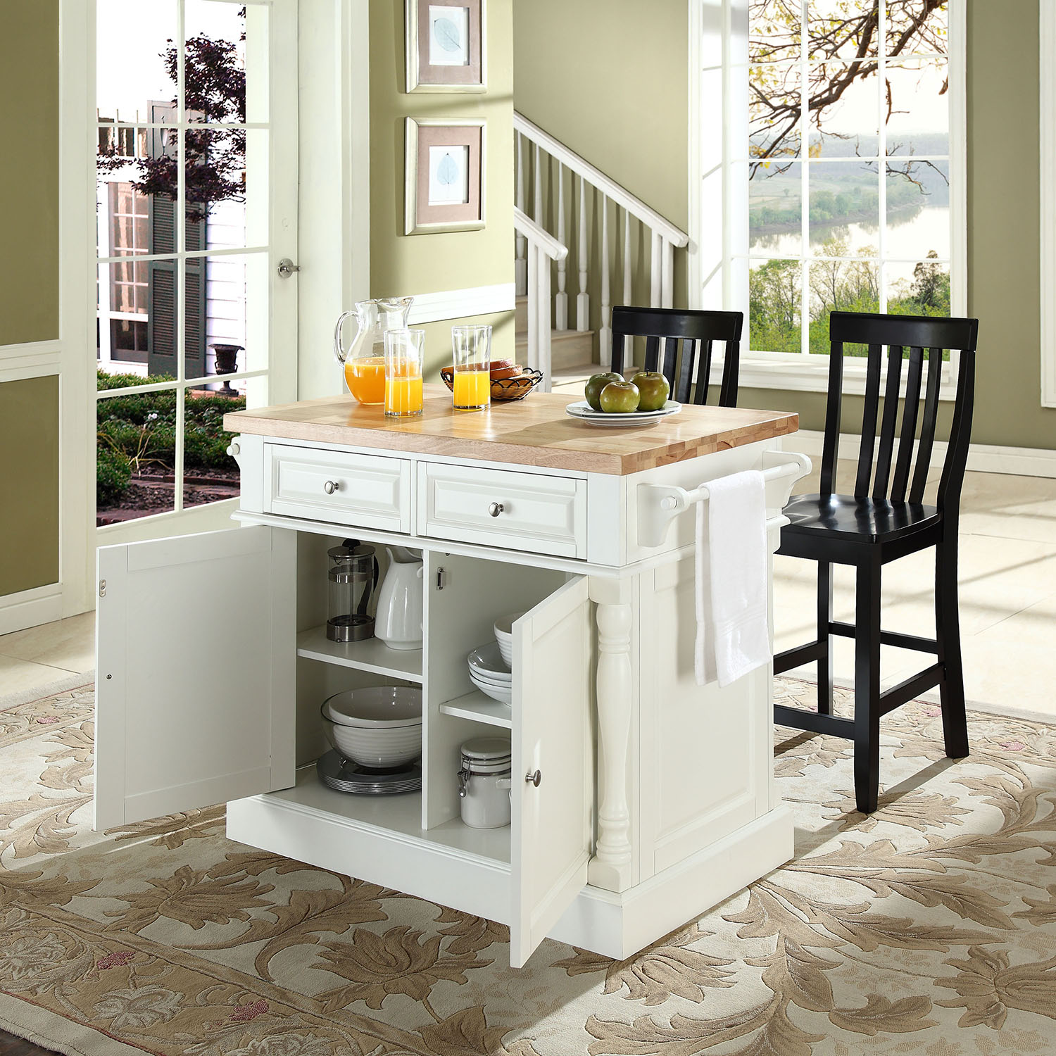 Butcher Block Top Kitchen Island with Black House Stools - White | DCG ...