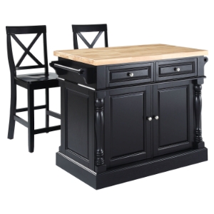 Butcher Block Top Kitchen Island with X-Back Stools - Black 