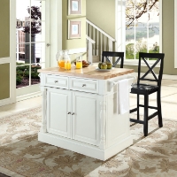 Butcher Block Top Kitchen Island with Black X-Back Stools - White